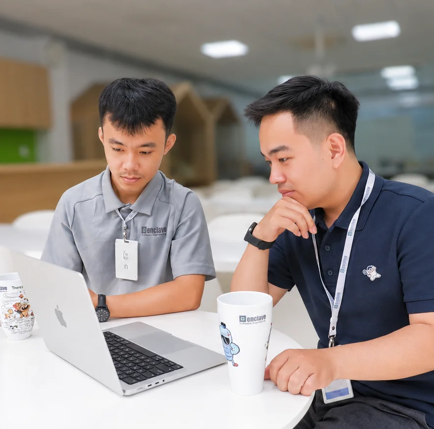 Engineering team collaborating around a product screen
