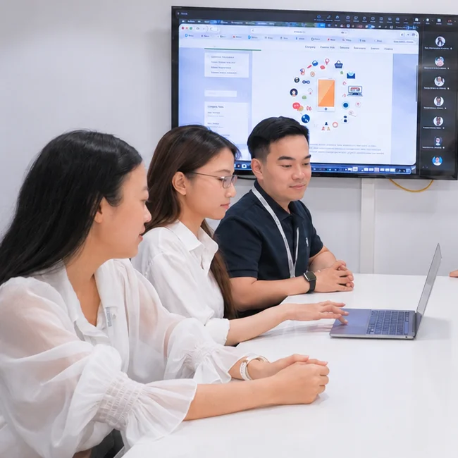Engineering team collaborating around a product screen