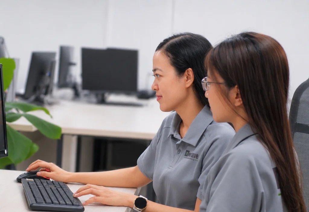 Engineering team collaborating around a product screen